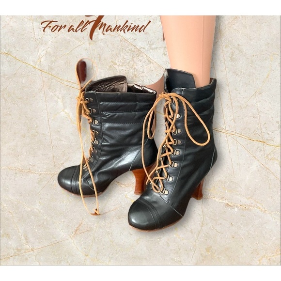 For all Mankind Ankle Boot Black Leather Lace Up Vintage‎ Boho Goth Witchy SZ 38 - Picture 2 of 12